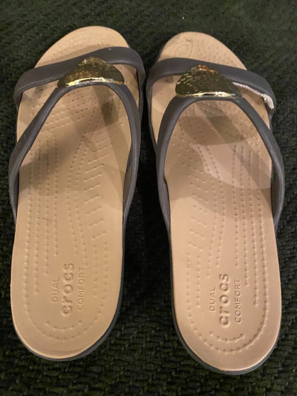 CROCS Women's Brown Sandals with Gold Teardrop Accent 7 - Picture 2 of 3